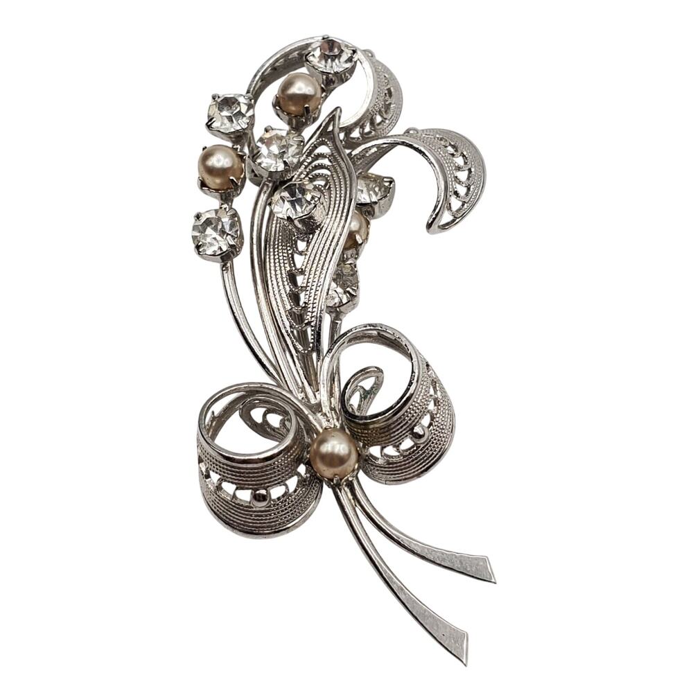 Silver Tone Filigree Brooch Floral Spray Faux Pearl Rhinestone Pin Bow Ribbon